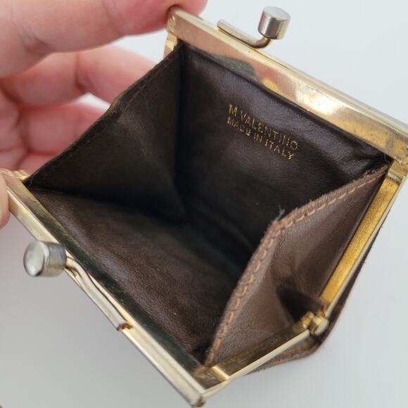 Valentino Vintage Kisslock Canvas Leather Coin Wallet Mini Small Purse Brown 2x2 - Picture 4 of 8